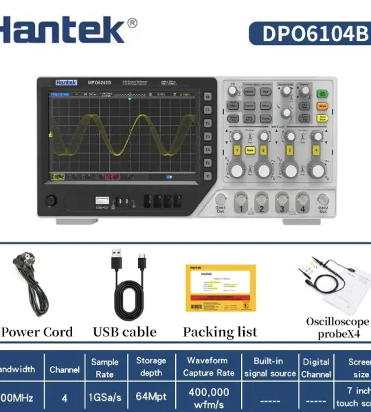 Hantek DPO6104B Digital Storage Oscilloscope 4 Channels 100MHz 1 GSa/s Sample Rate Waveform Generator Spectrum Analyzer